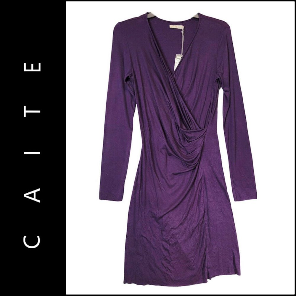 Caite Women Long Sleeve Ruched Stretch Body Con Dress Size Small Plum